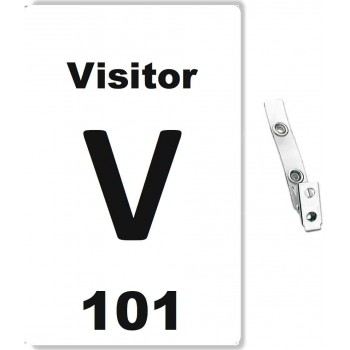 Custom Printed Numbered White PVC Visitor Badges + Strap Clips - 100 pack